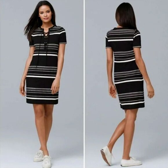 White House Black Market Short-Sleeve Stripe Lace-Up Knit Shift Mini Dress Small - Picture 4 of 13